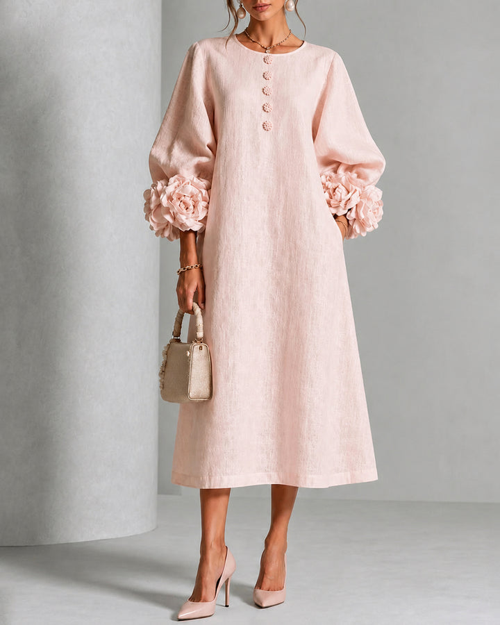 Light Pink Linen Midi Dress with 3D Floral Details