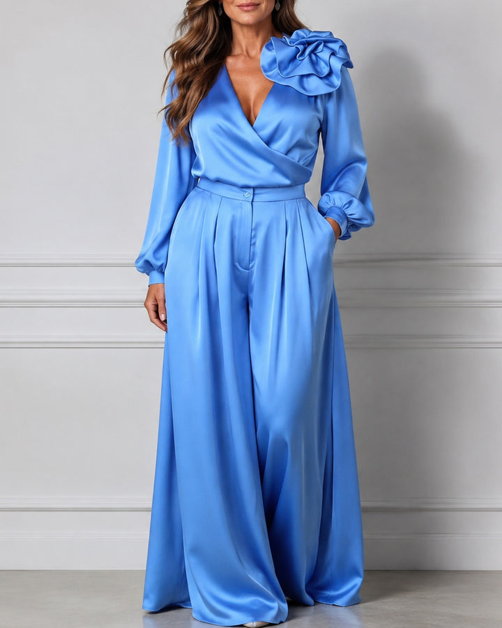 V-neck Satin Long-sleeved Top with Three-dimensional Floral Design and Wide-leg Pants Set