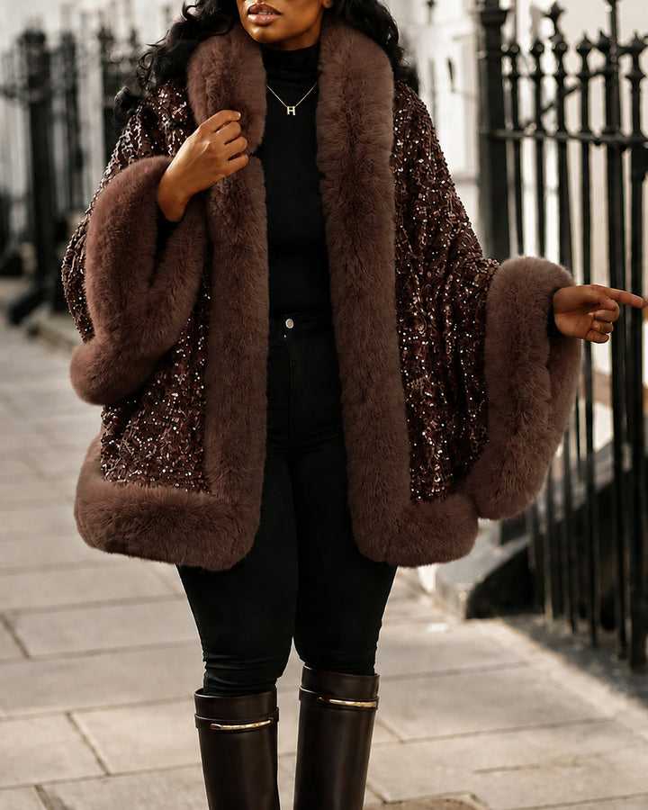 Sequined Fur-trimmed Cape-style Shawl Coat