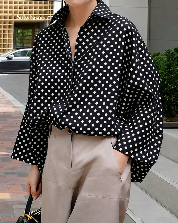 Urban Classic Polka Dot Print Loose Long Sleeves Lapel Blouses&Shirts Tops