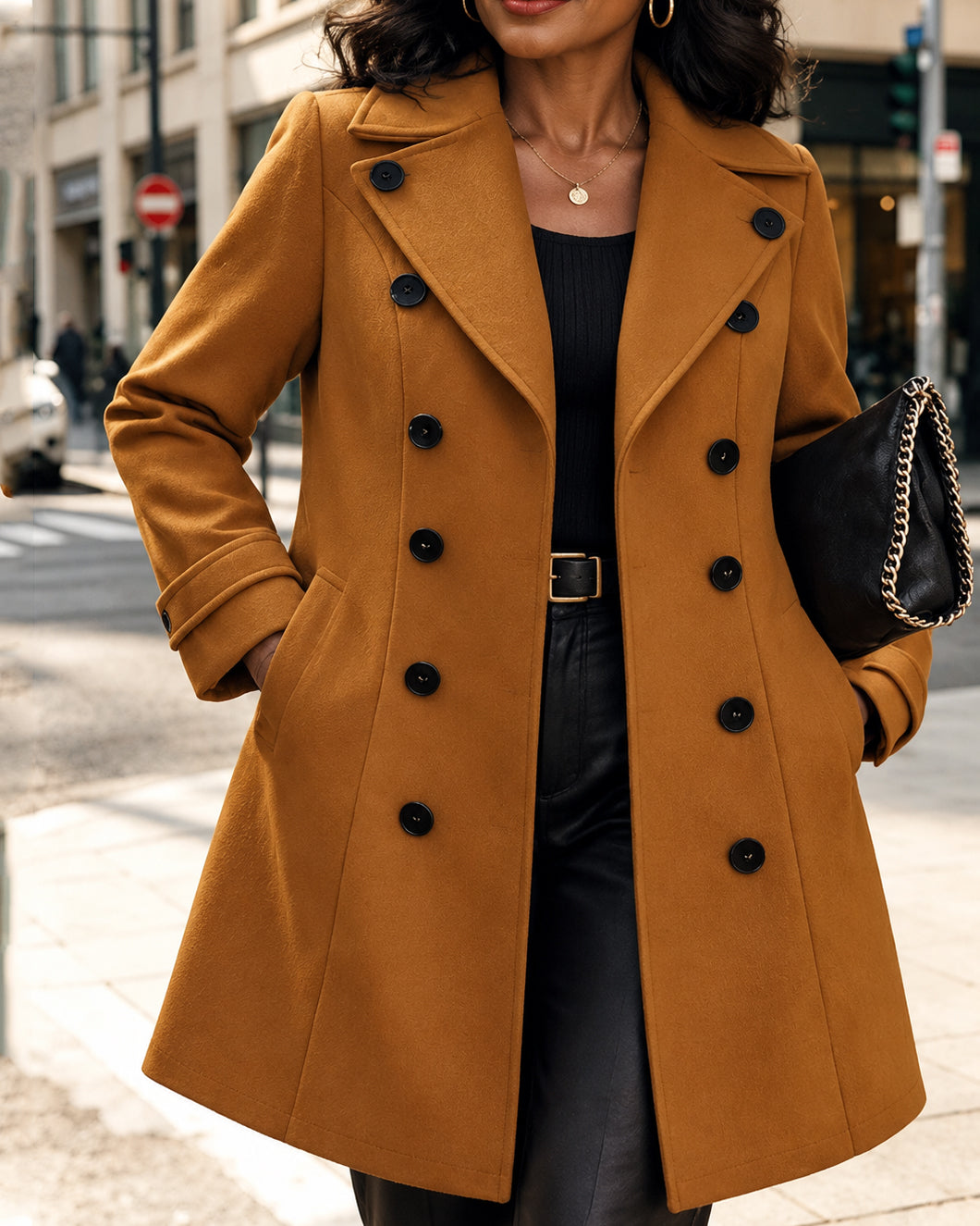 Women's Double Breasted Lapel Collar Mid Length Coat