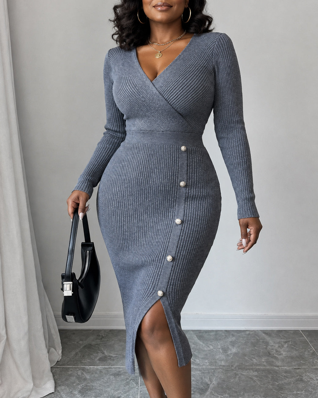 Women Wrap V Neck Ribbed Knit Midi Dress