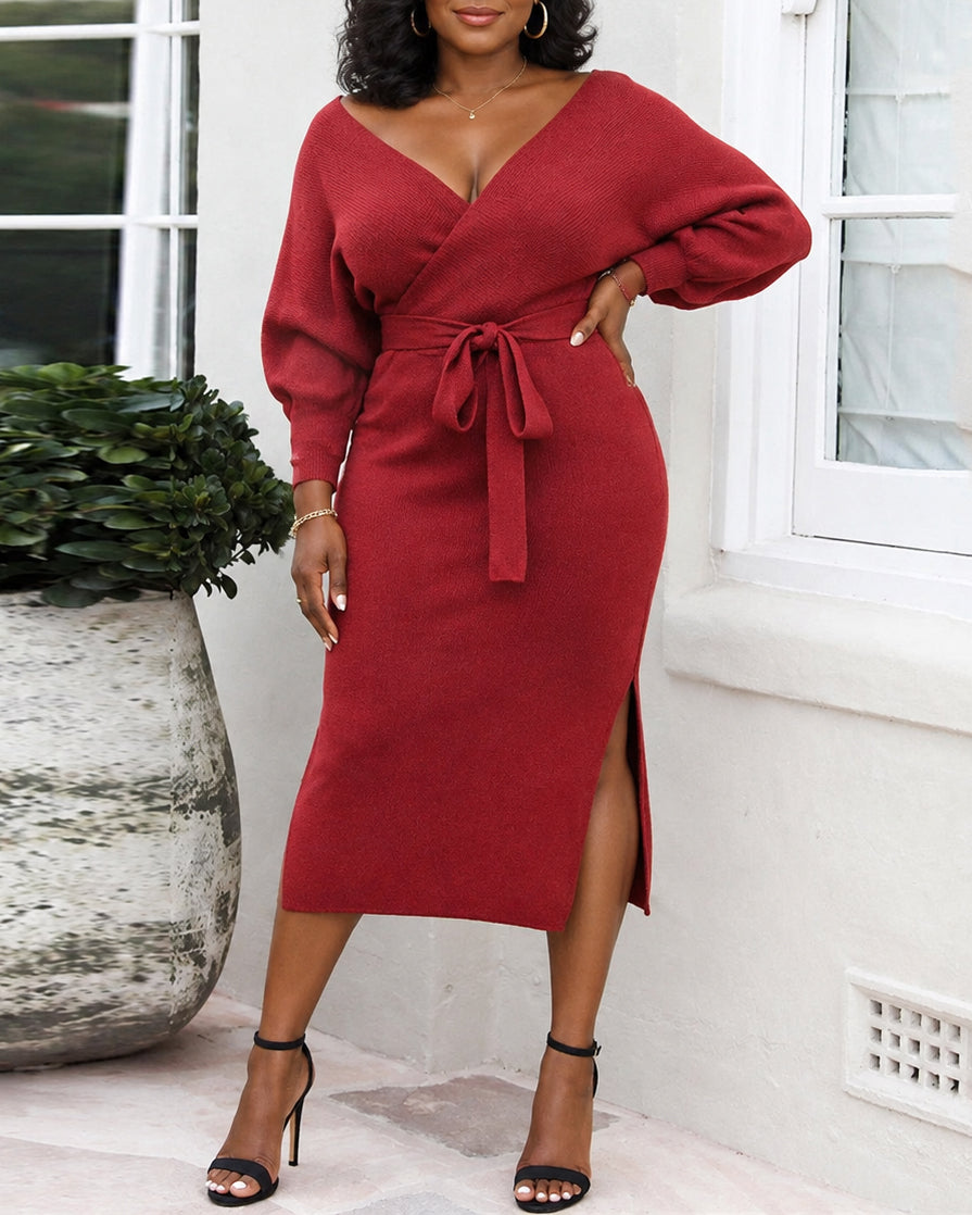 Women's Wrap V Neck Midi Knit Dress