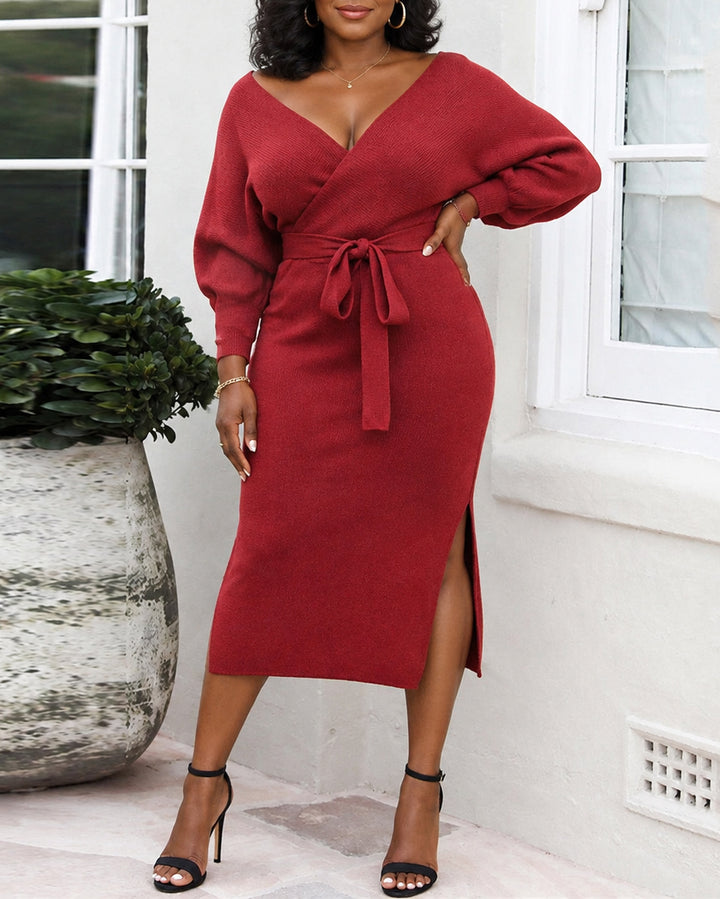Women's Wrap V Neck Midi Knit Dress