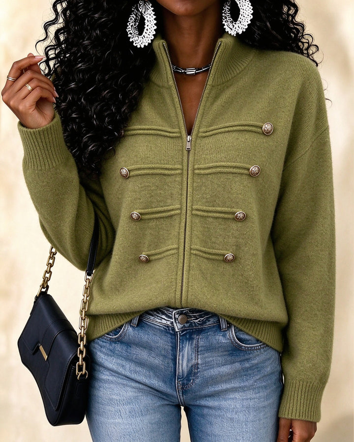 Women's Zip Up Stand Collar Double Breasted Decorative Buttons Knit Cardigan