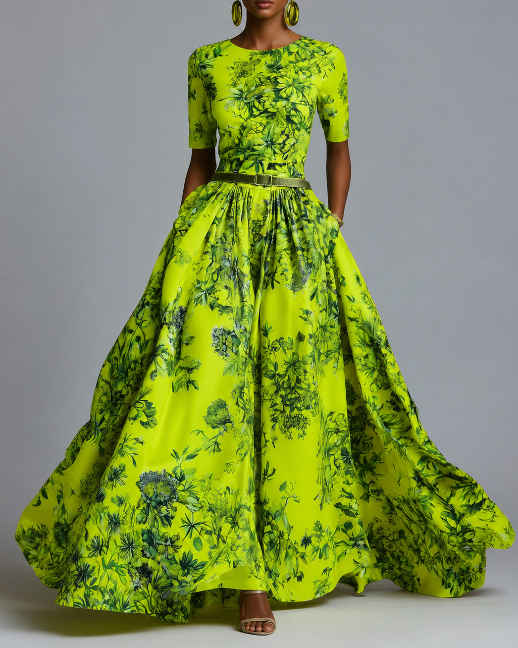 Round Neck Short Sleeve Green Floral High Waist Flared Maxi Dress