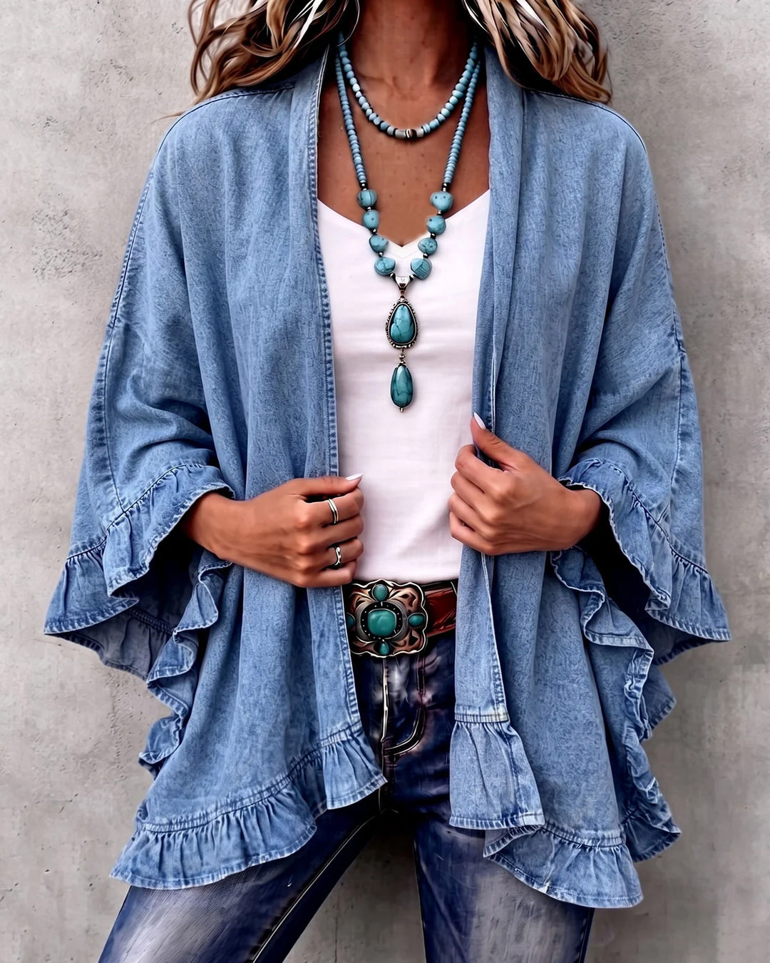 Chic Boho Denim Ruffle Trim Cardigan