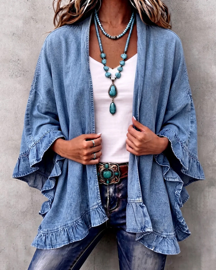 Chic Boho Denim Ruffle Trim Cardigan