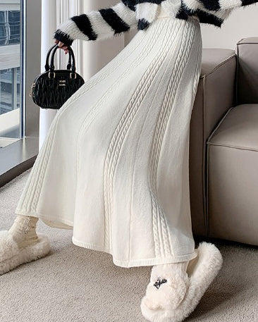 Twist Knitted Wool Skirt Mid-Length Large Swing Umbrella Skirt High Waist A- Line Long Skirt