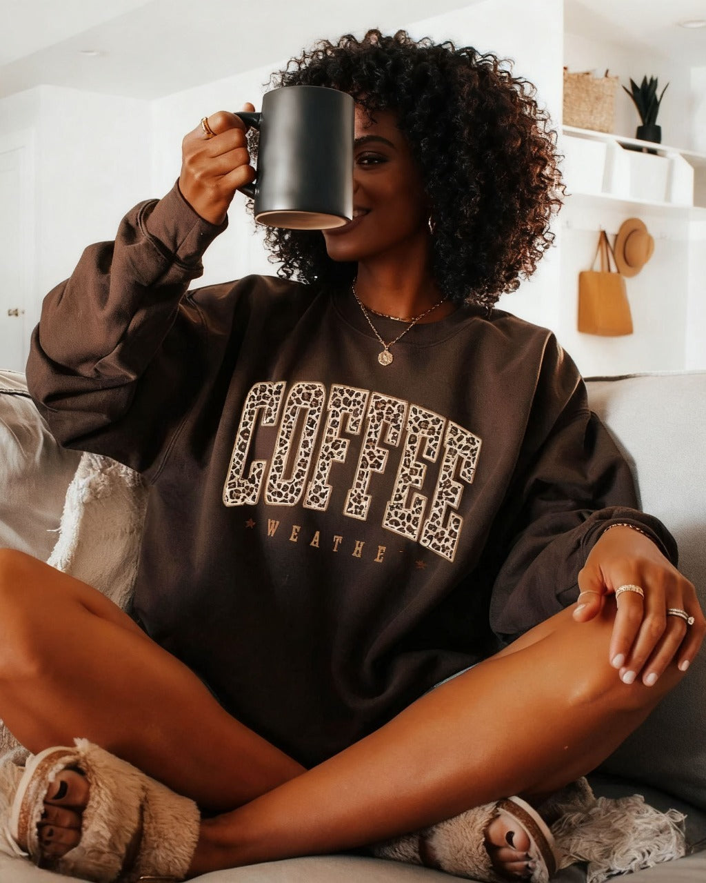 Coffee Lover Print Crewneck Long Sleeve Sweatshirt
