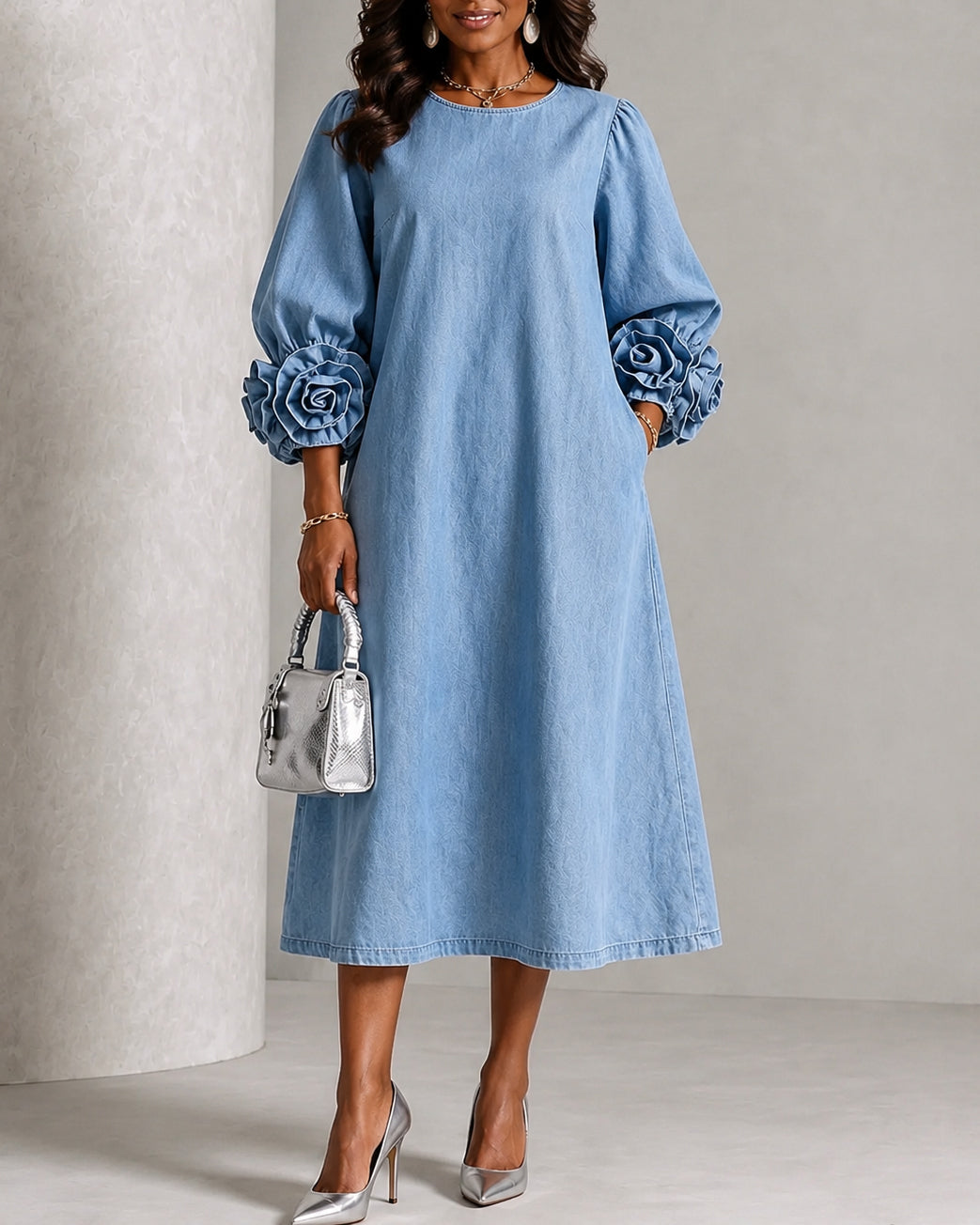 Chic Chambray Crew Neck Denim 3D Rosette Sleeve Midi Dress