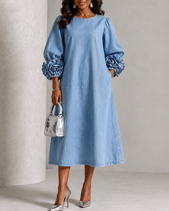 Chic Chambray Crew Neck Denim 3D Rosette Sleeve Midi Dress