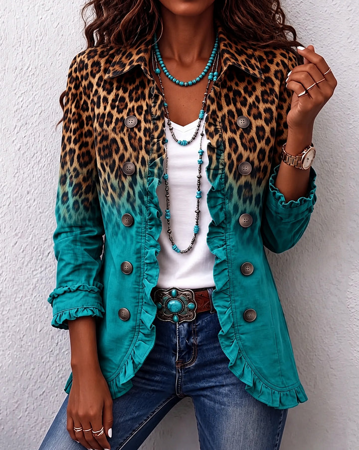 Boho Leopard & Teal Ruffle Blazer Jacket