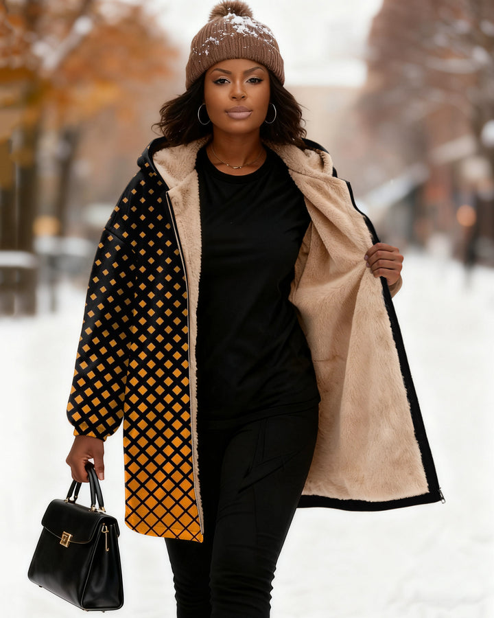 Orange Diamond Print Long Sleeve Zip-Up Fleece Long Hoodies