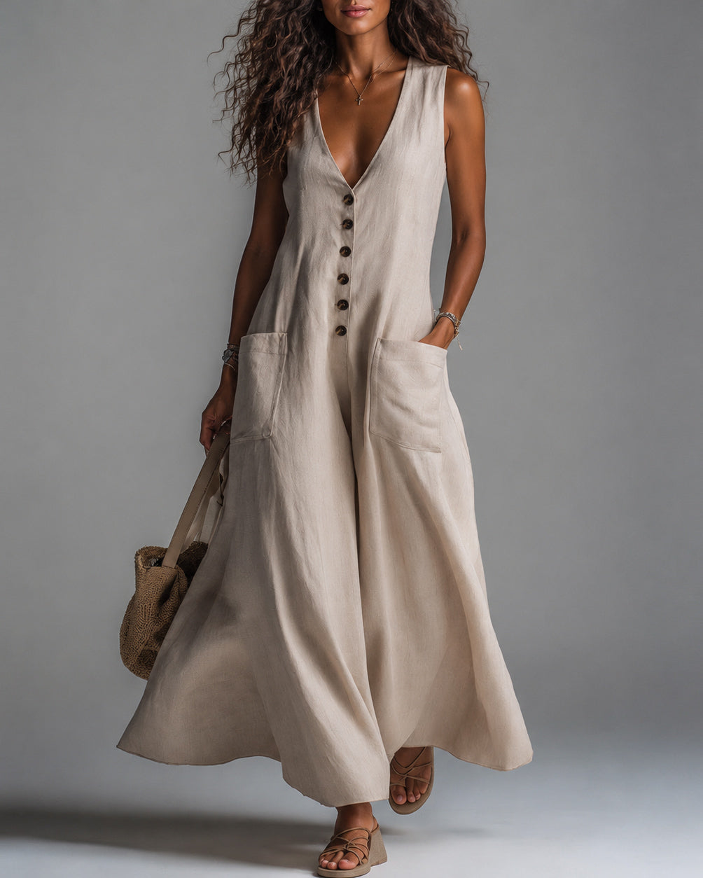 Deep V-neck Solid Color Pocket Cotton Linen Casual Dress