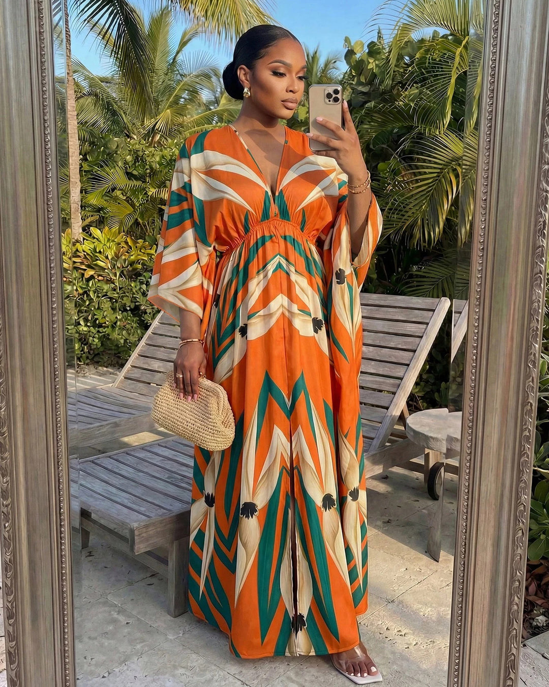 Bohemian Floral Print Deep V-Neck Slit Thigh Vacation Dress