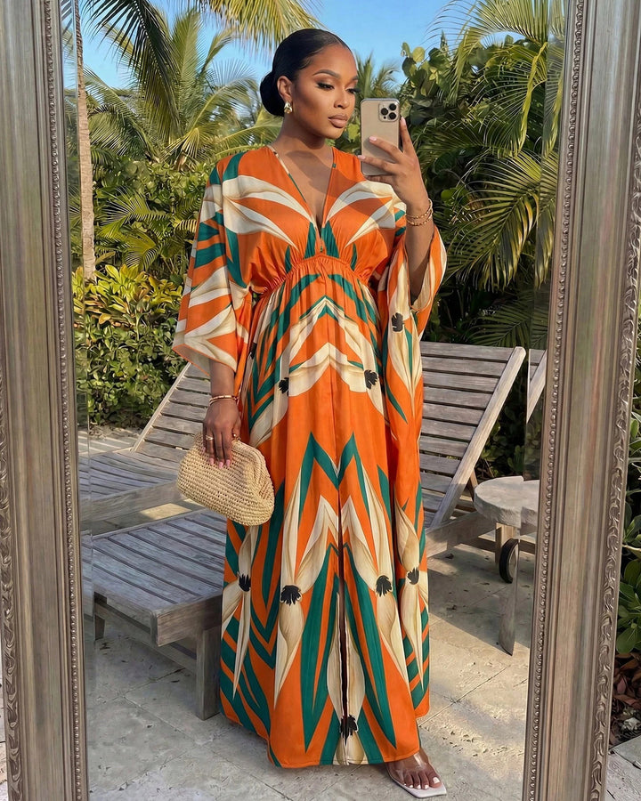 Bohemian Floral Print Deep V-Neck Slit Thigh Vacation Dress