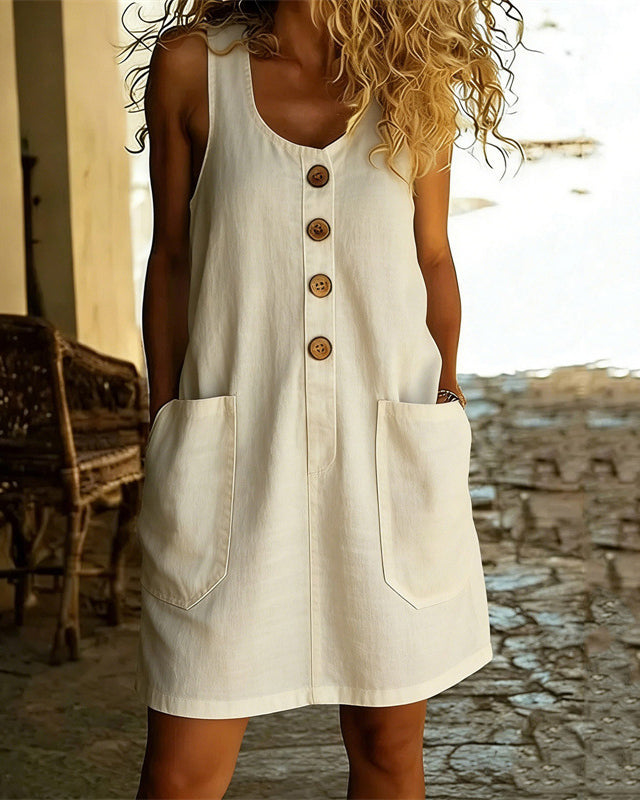U-neck Button-down Sleeveless Cotton Linen Dress
