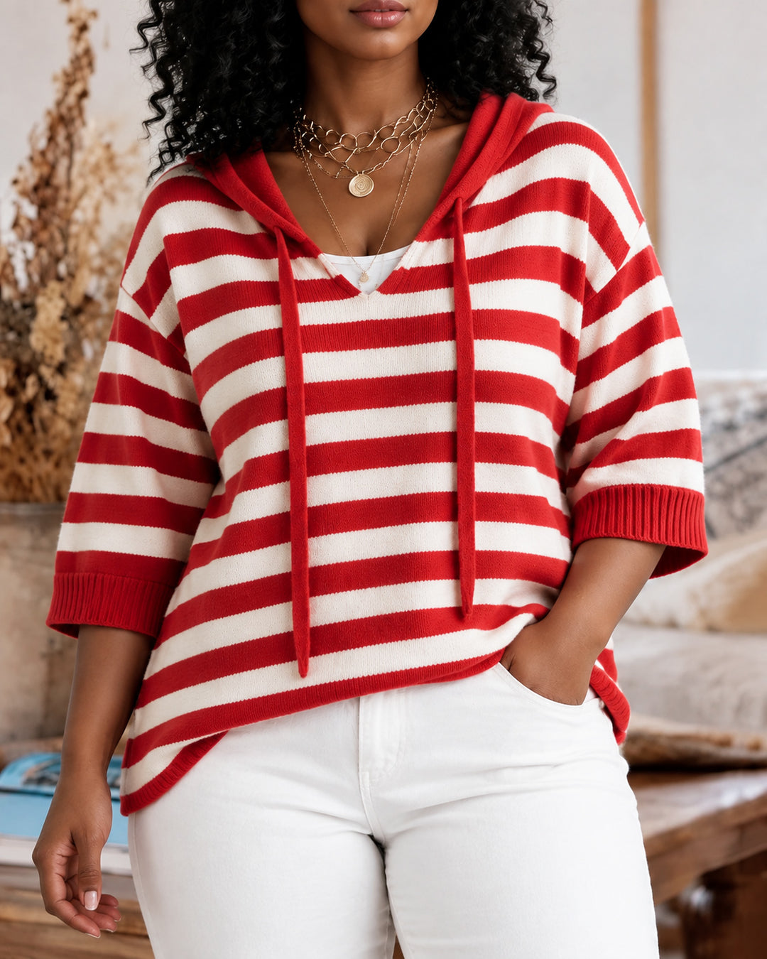 Loose-fit Striped Knit Sweatshirt with Drawstring