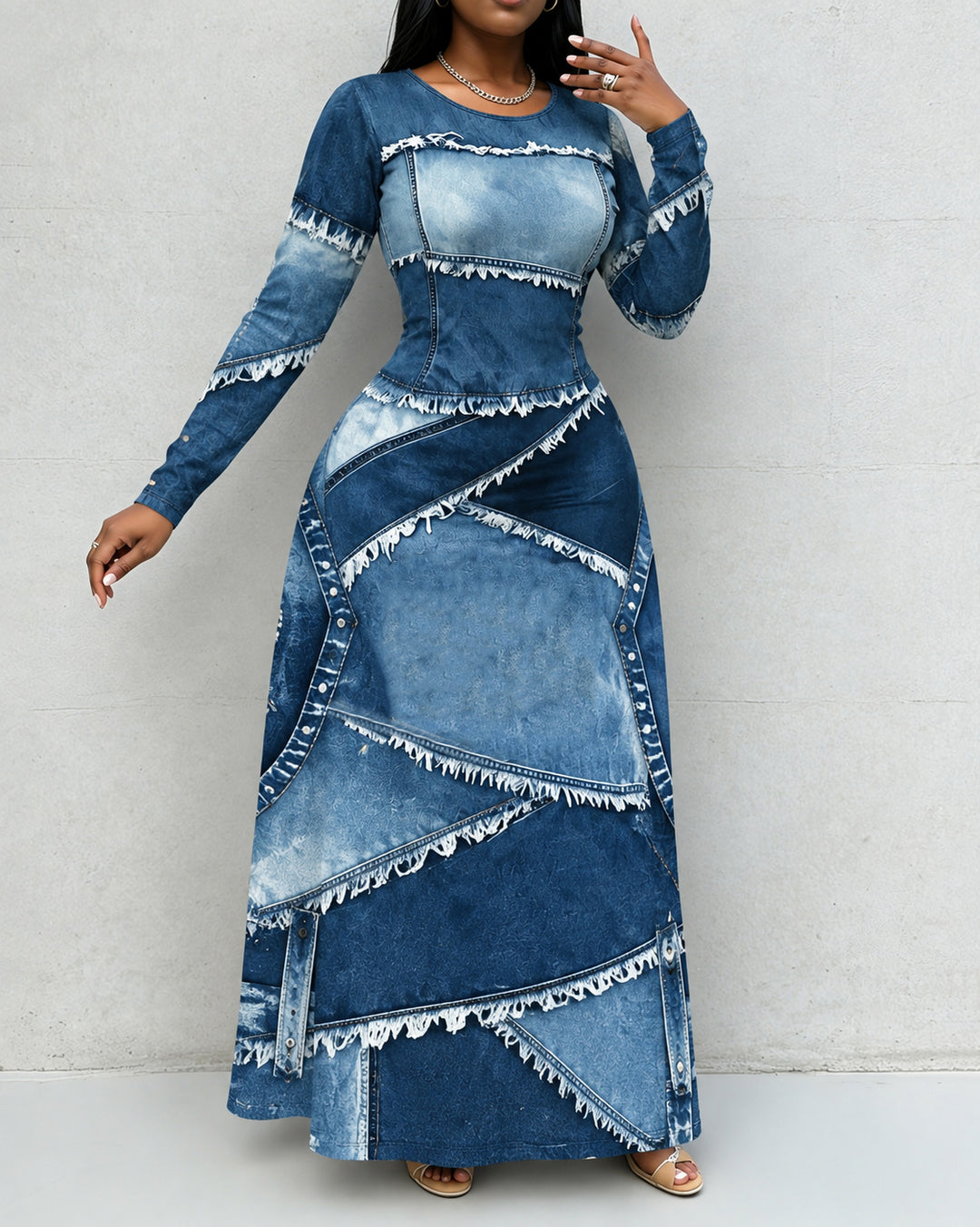 Women's Faux Denim Print Long Sleeve Pocket Maxi Dress Dress