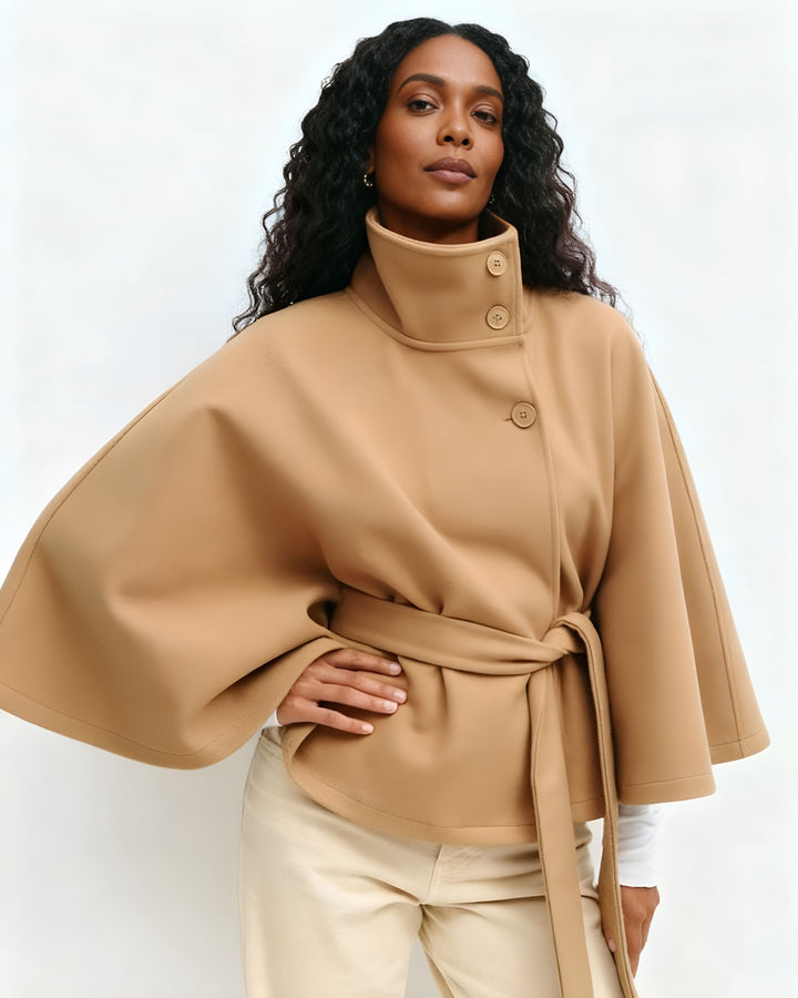 Fashion Solid Color Poncho Collar Button Belt Coat