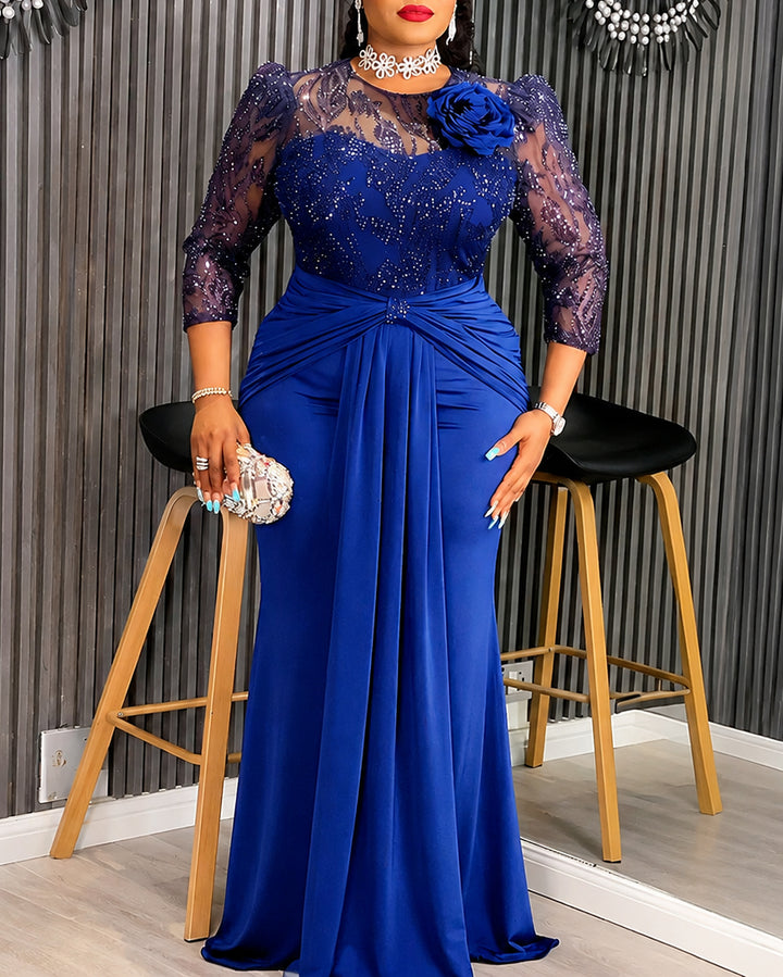 Plus Size Royal Rhinestone Lace Sheer 3/4 Sleeve Twisted Waist Mermaid Maxi Evening Gown