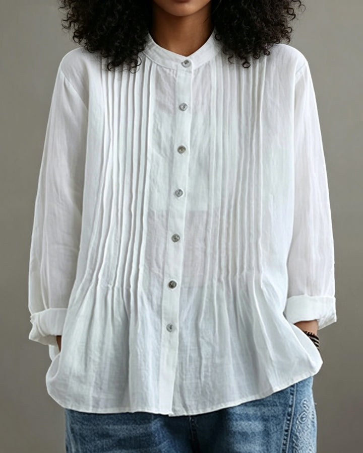 Casual Solid Color Pleated Long Sleeve Shirt