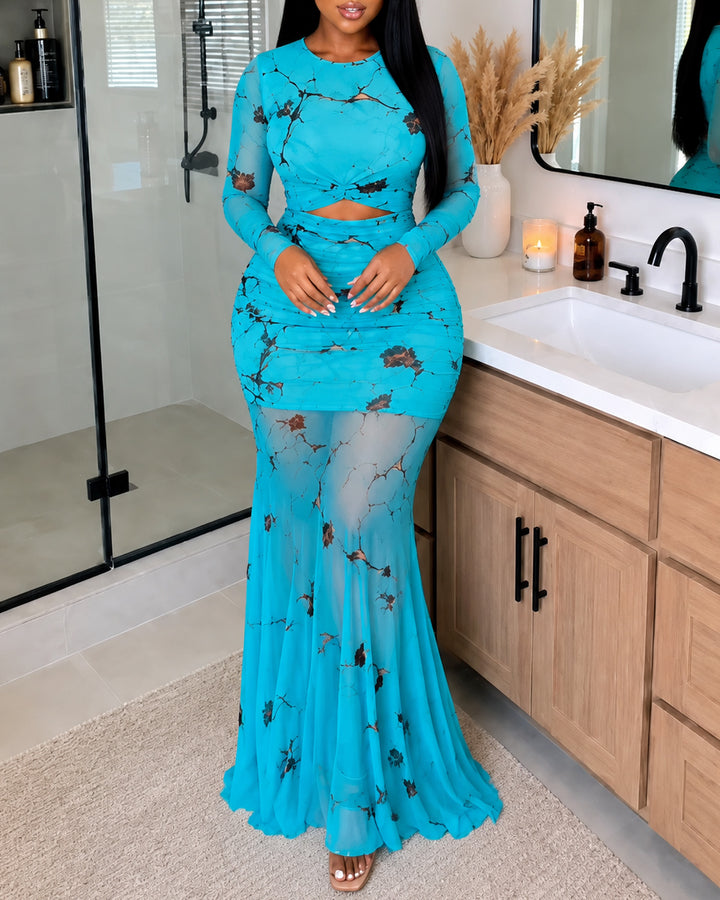 High Quality Women Floral Print Long Sleeve Mesh Maxi Dress