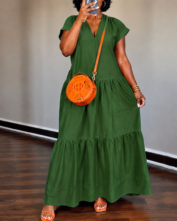 Solid Color V-neck Short-sleeved Dress with Ruffled Hem