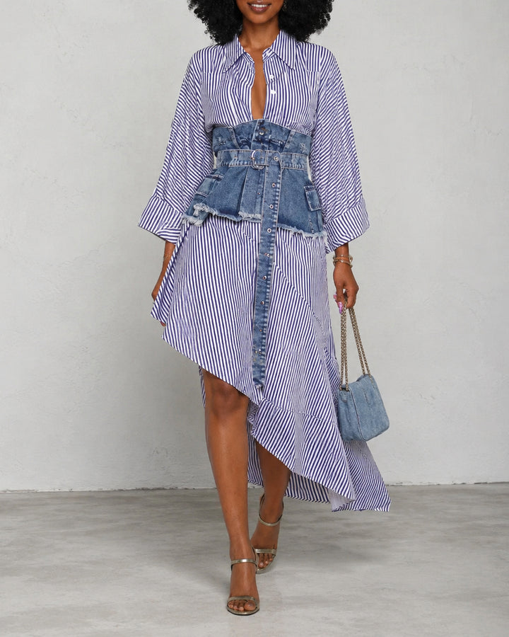 Striped Collared Denim Belt Shirt Midi Dress