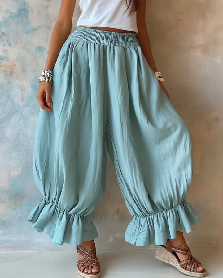 High Waist Loose Linen Blend Cropped Wide Leg Trousers