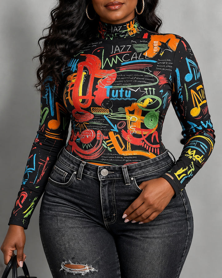 Casual Abstract Print Turtleneck Tight Fit Long Sleeve T-Shirt