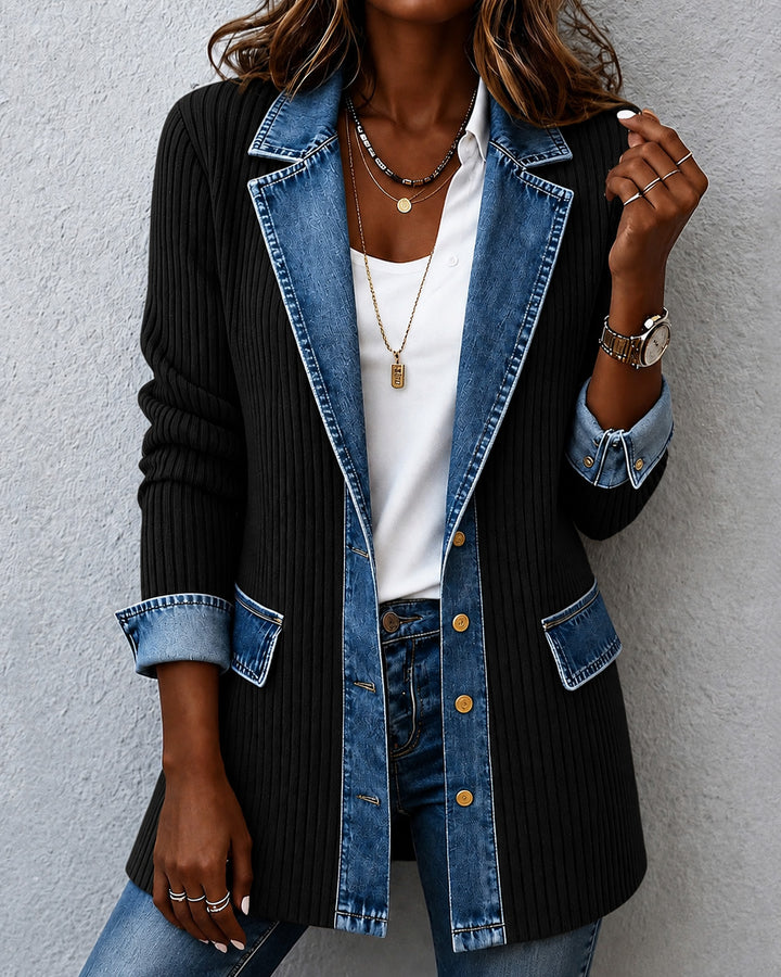 Denim-look Stretch Ribbed Knit Jacket