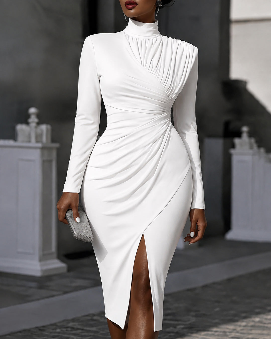 Turtleneck Long Sleeve Ruched Wrap Midi Dress