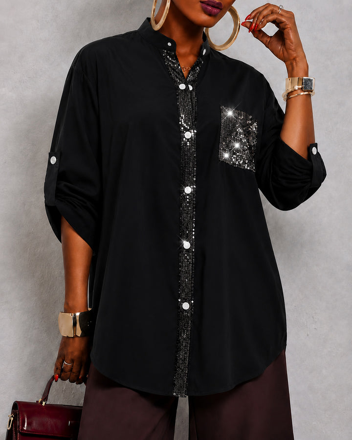 Semi-stand Collar Sequined Pocket Button-down Shirt