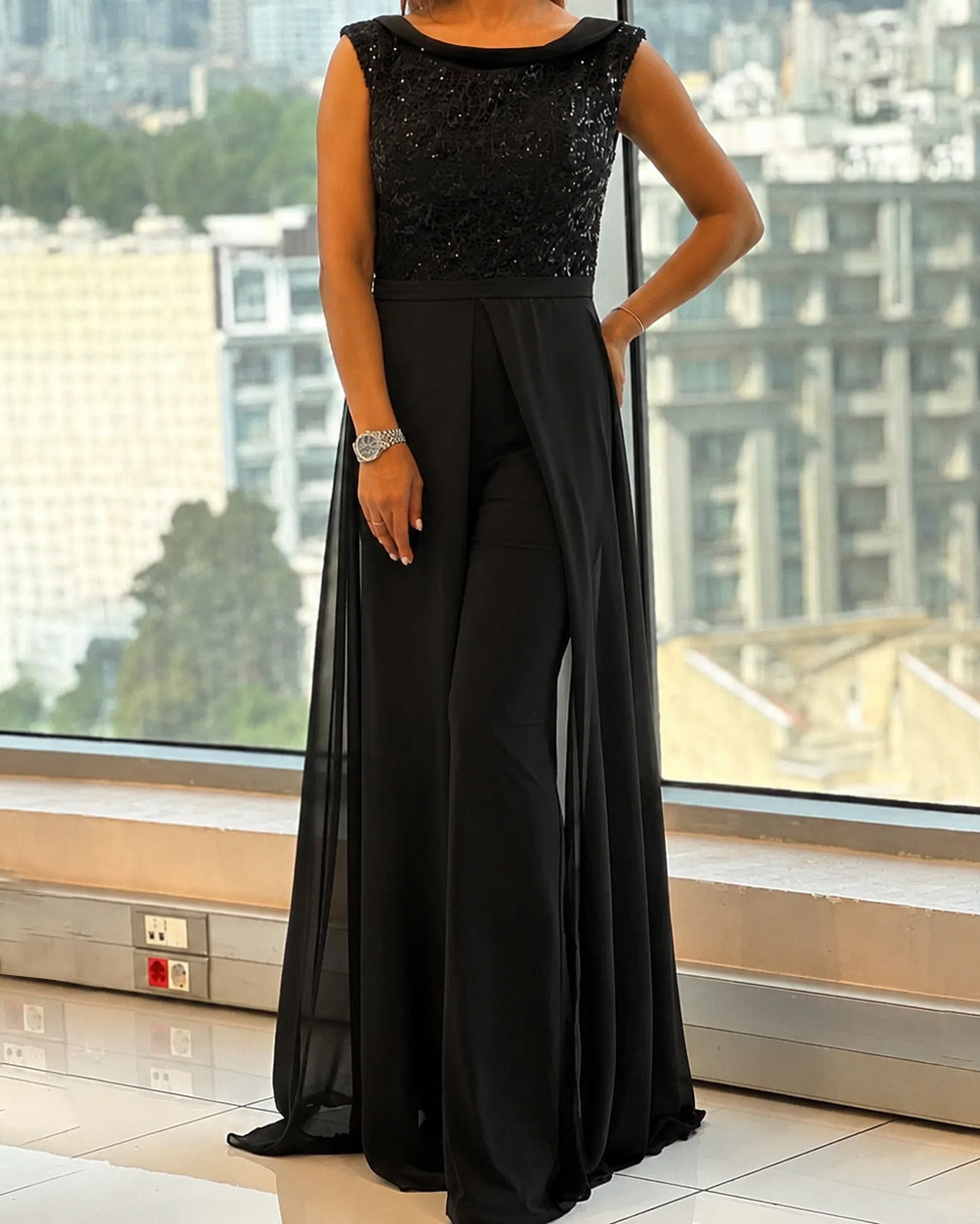 Black Sequin Sleeveless Chiffon Overlay Jumpsuit
