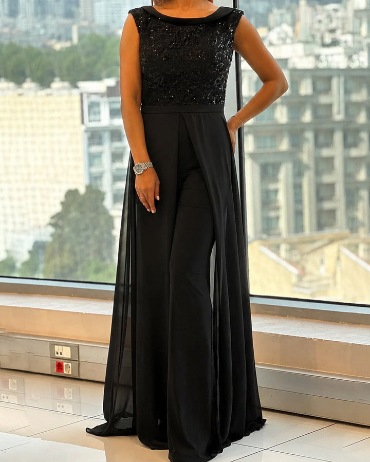 Black Sequin Sleeveless Chiffon Overlay Jumpsuit