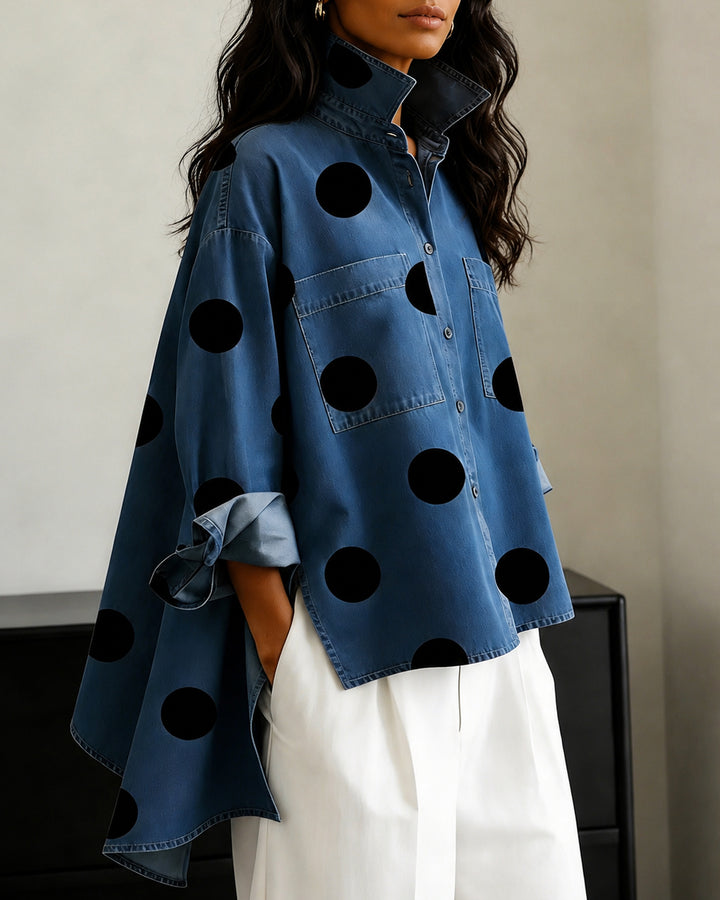 Oversized Polka Dot Denim Stand-up Collar Loose Irregular Shirt