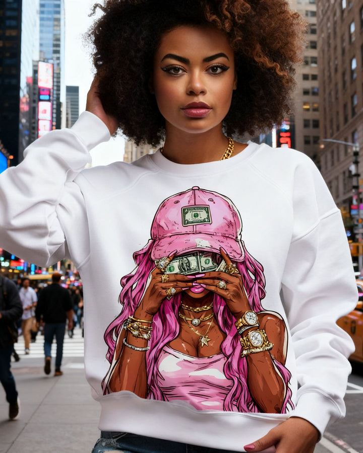 Pink Portrait Graphic Crewneck Long Sleeve Sweatshirt