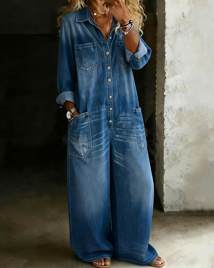 100% Washed Denim Collared Button-down Wide-leg Jumpsuit