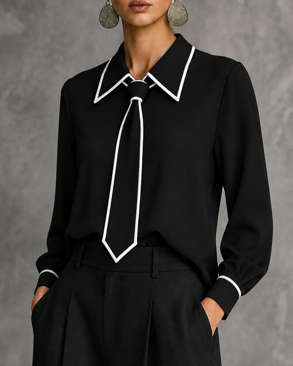Contrast Piping Tie Neck Point Collar Long Sleeve Blouse