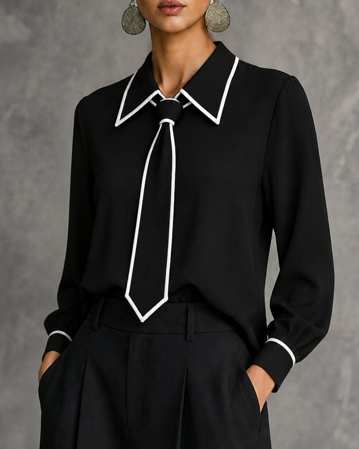 Contrast Piping Tie Neck Point Collar Long Sleeve Blouse