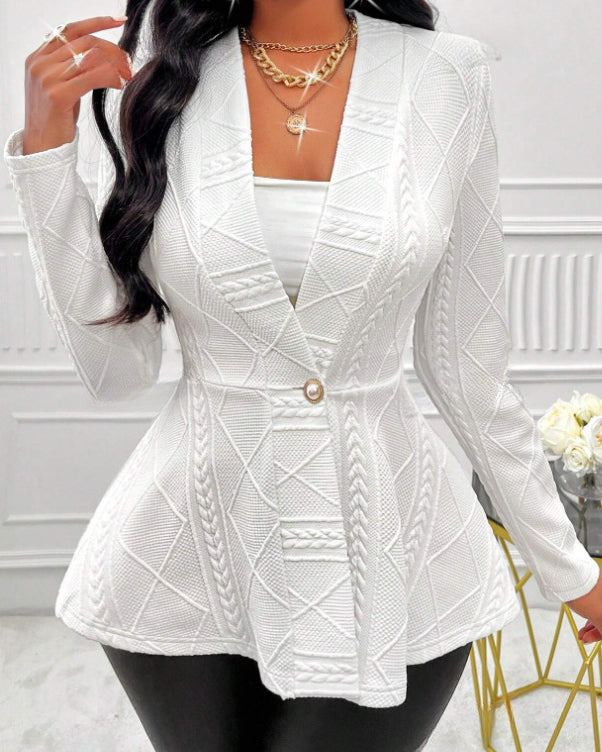 Women's Textured Jacquard V Neck Single Button Peplum Blazer