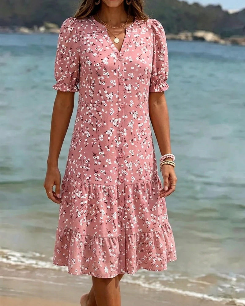 V-Neck Button Placket Puff Sleeve Spliced Floral Dress