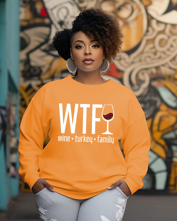 Thanksgiving Wine Turkey Family Printed Crewneck Long Sleeve Sweatshirt