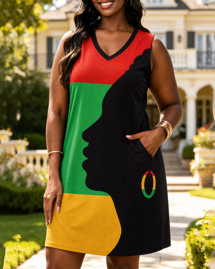 Reggae Stripes Black Woman's Face V-neck Mini Dress With Pocket