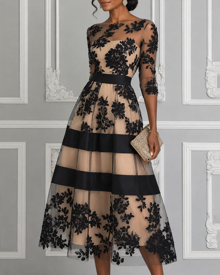 Women's Floral Lace Tulle 3/4 Sleeve A-Line Midi Dress