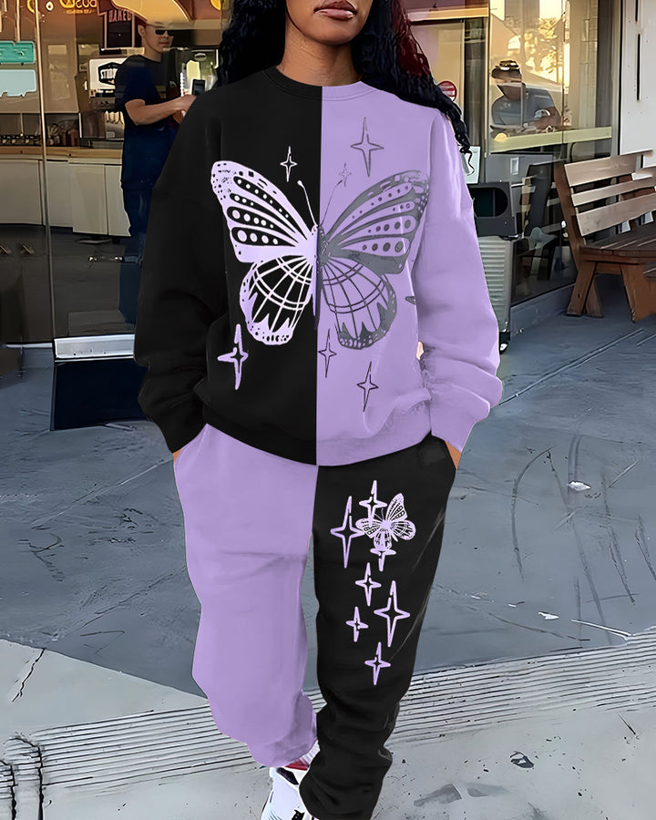 Color-blocked Butterflies and Stars Crew Neck Sweatshirt Two Pieces Set