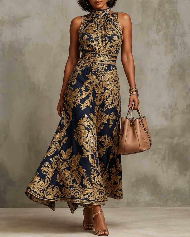 Semi-High Neck Golden Floral Sleeveless High Waist Full Swing Midi Dress