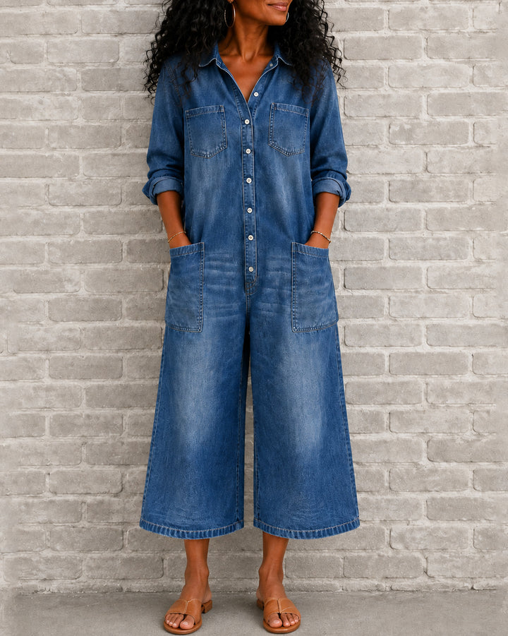 Women's Long Sleeve Button Down Collared Wide Leg Denim Jumpsuit